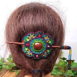 Handcrafted Beaded Hair Stick with Multicolor Design. EUC